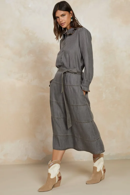 Belted Chambray Midi Skirt