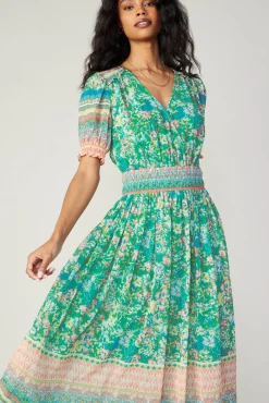 Bordered Floral Print Midi Dress