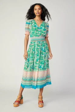 Bordered Floral Print Midi Dress