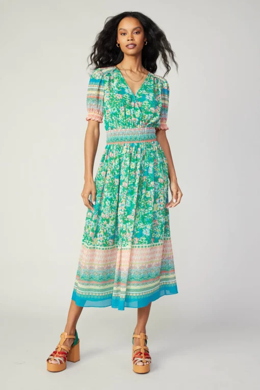 Bordered Floral Print Midi Dress