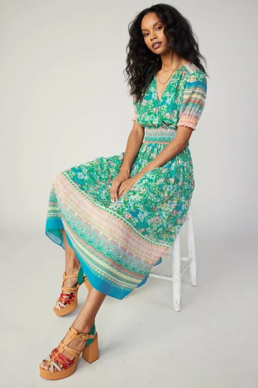 Bordered Floral Print Midi Dress