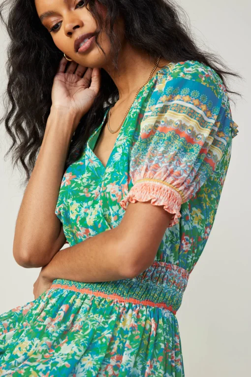 Bordered Floral Print Midi Dress