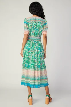 Bordered Floral Print Midi Dress