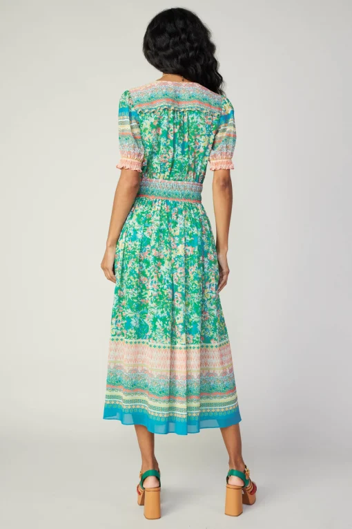 Bordered Floral Print Midi Dress