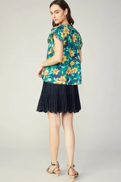 Botanical Print Eyelet Blouse