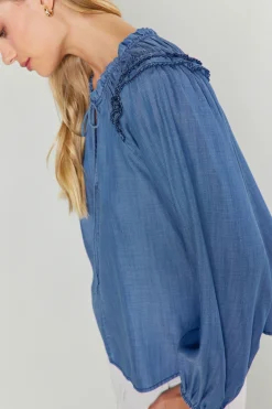 Chambray Picot Stitched Blouse
