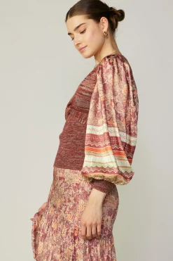 Contrast Sleeve Border Print Sweater