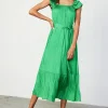 Crinkled Ruffled Shoulder Midi Dress