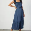 Crinkled Ruffled Shoulder Midi Dress