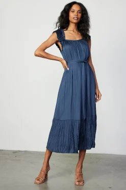 Crinkled Ruffled Shoulder Midi Dress