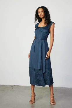 Crinkled Ruffled Shoulder Midi Dress