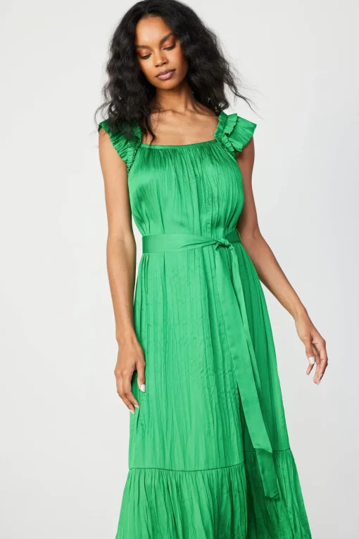 Crinkled Ruffled Shoulder Midi Dress