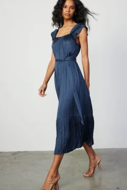 Crinkled Ruffled Shoulder Midi Dress