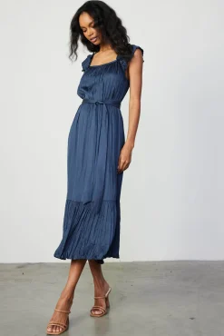 Crinkled Ruffled Shoulder Midi Dress
