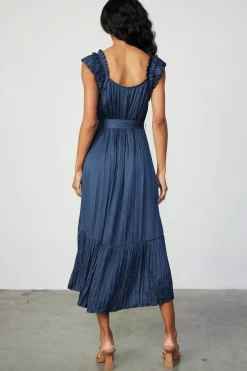 Crinkled Ruffled Shoulder Midi Dress