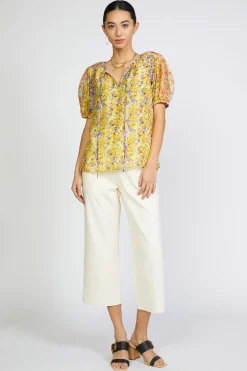 Floral Colorblock Split Neck Blouse