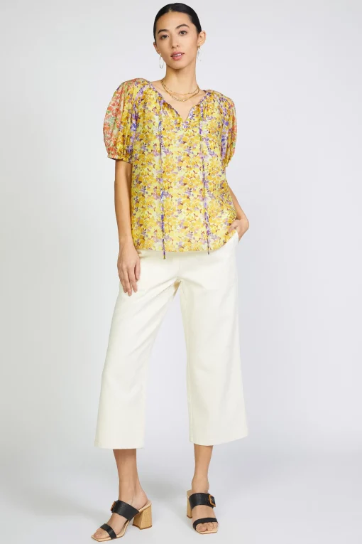 Floral Colorblock Split Neck Blouse