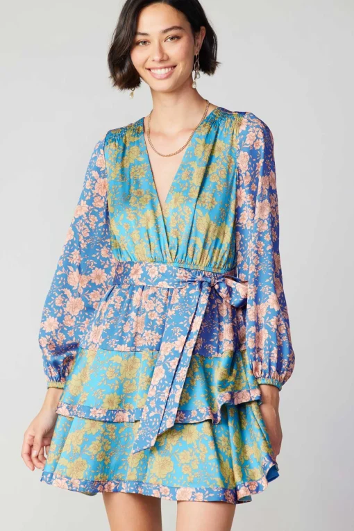Floral Colorblock Surplice Mini Dress