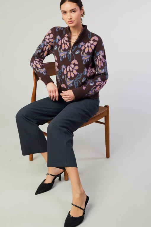 Floral Jacquard Zip Sweater