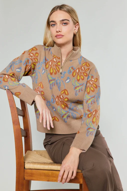 Floral Jacquard Zip Sweater