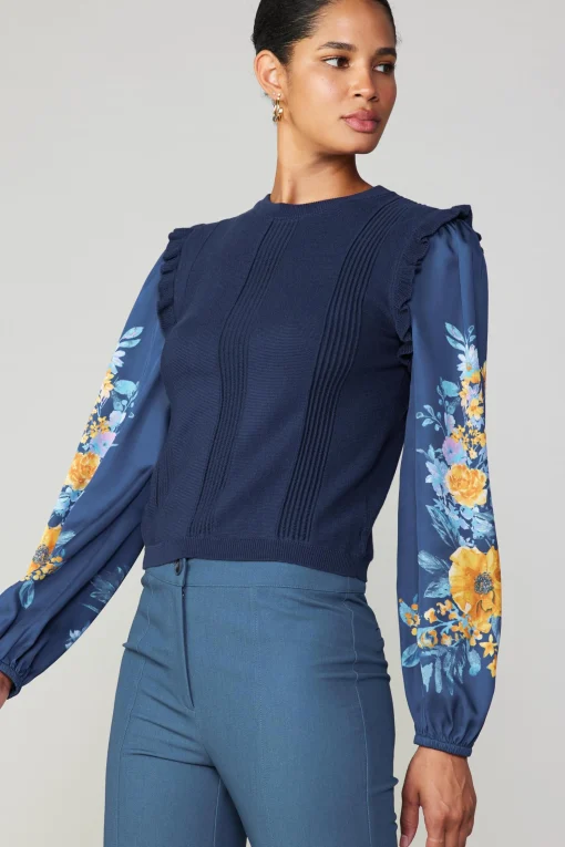 Floral Print Contrast Sweater Top