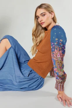 Paisley Contrast Sleeve Knit Top