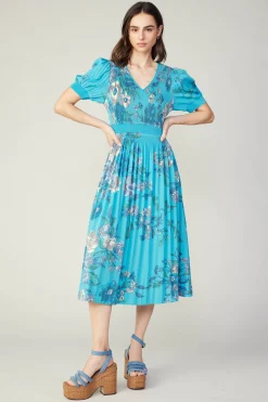 Pleated Botanical Midi Dress