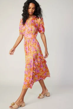 Ruffled Shoulder Floral Midi Dress