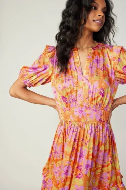 Ruffled Shoulder Floral Midi Dress
