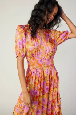 Ruffled Shoulder Floral Midi Dress