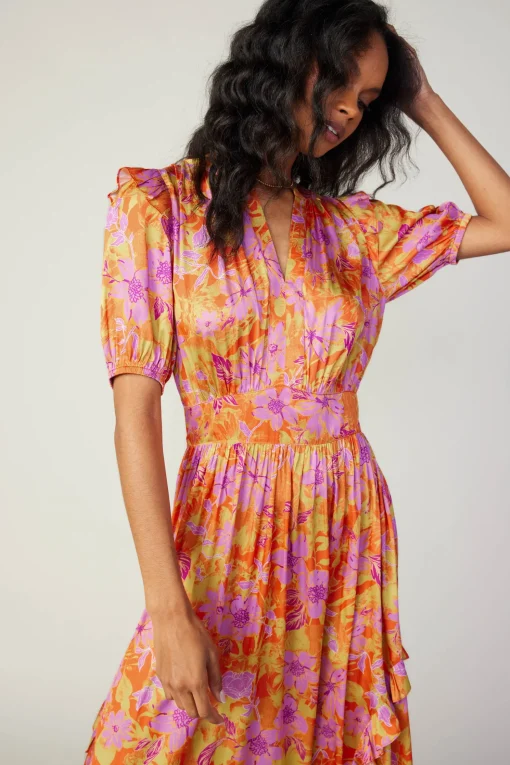 Ruffled Shoulder Floral Midi Dress
