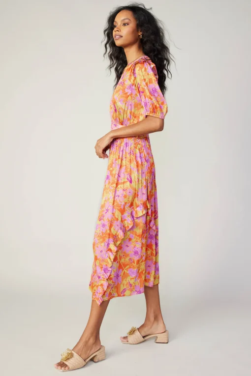 Ruffled Shoulder Floral Midi Dress