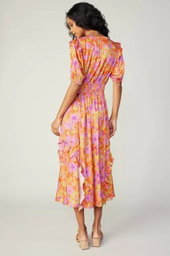 Ruffled Shoulder Floral Midi Dress