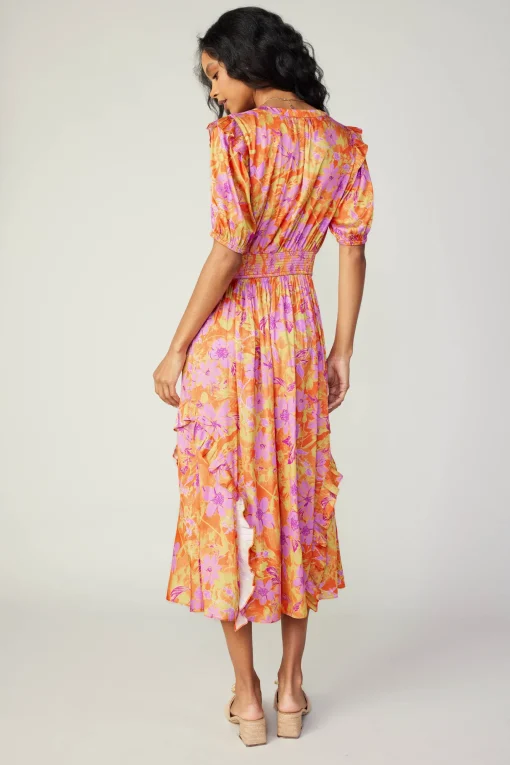 Ruffled Shoulder Floral Midi Dress