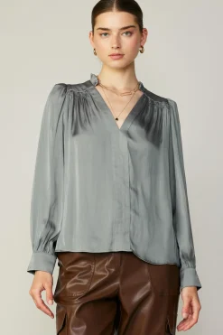 Smocked Shoulder Cuffed Blouse