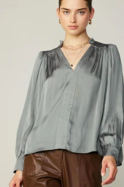 Smocked Shoulder Cuffed Blouse