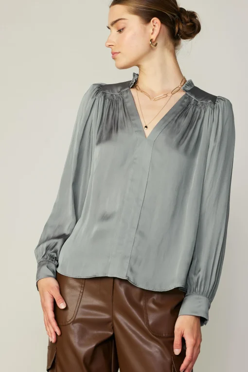 Smocked Shoulder Cuffed Blouse