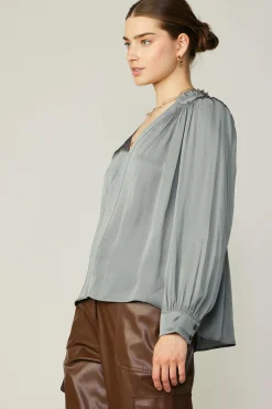 Smocked Shoulder Cuffed Blouse