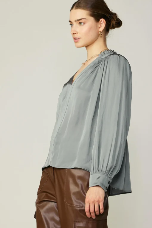 Smocked Shoulder Cuffed Blouse