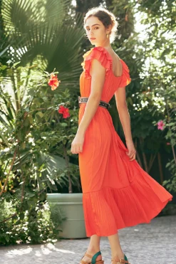 Square Neck Flutter Sleeve Midi Dress