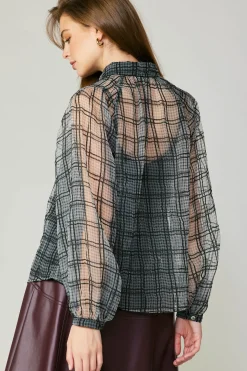 Windowpane Plaid Sheer Blouse