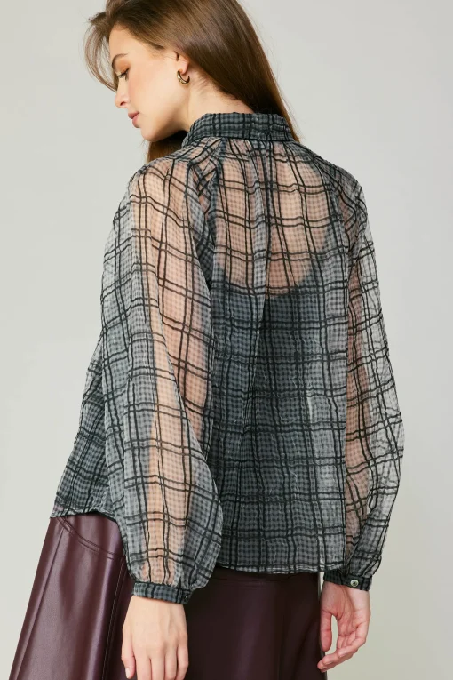 Windowpane Plaid Sheer Blouse